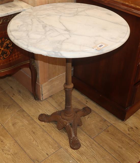 A circular marble top cast iron garden table W.61cm